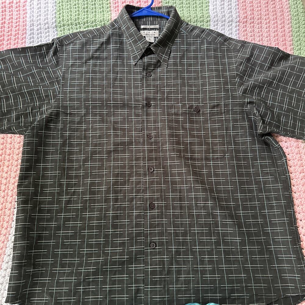 Ron Chereskin XL Men Casual Shirt Black Plaid Collared Short Sleeve Microfiber